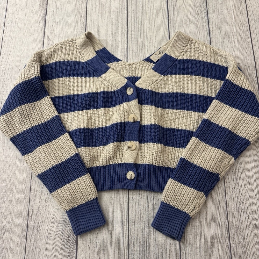 Jessica Simpson Blue Striped Cardigan Sweater Cropped Size Small Women's